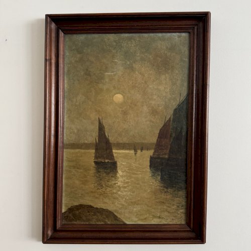 Huile sur carton bateaux de pêche au soleil couchant par Proust A5653