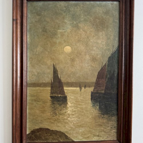 Huile sur carton bateaux de pêche au soleil couchant par Proust A5653