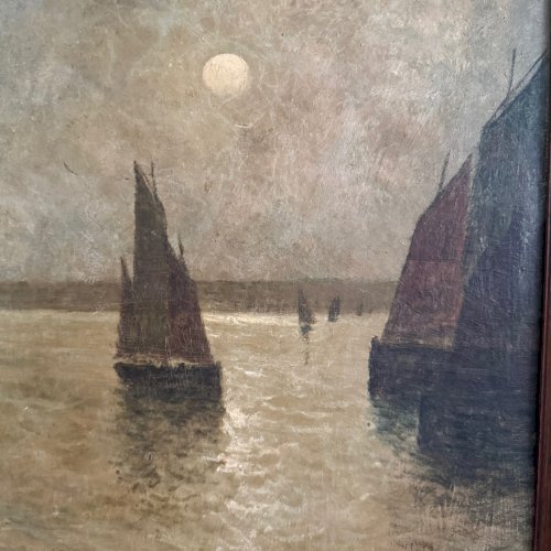 Huile sur carton bateaux de pêche au soleil couchant par Proust A5653