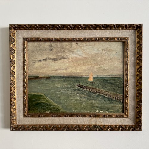 Huile sur carton Le Croisic jetée en bord de mer début XXe A5648