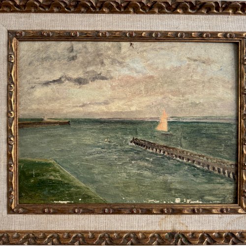 Huile sur carton Le Croisic jetée en bord de mer début XXe A5648
