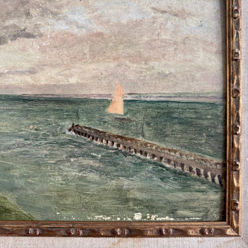 Huile sur carton Le Croisic jetée en bord de mer début XXe A5648