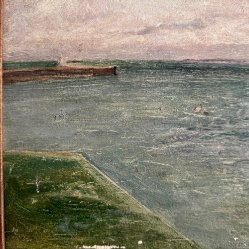 Huile sur carton Le Croisic jetée en bord de mer début XXe A5648