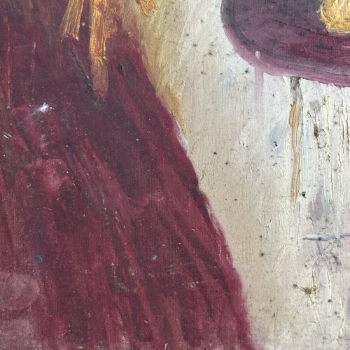 Huile sur carton nature morte au rideau et aux fleurs XXe L1030