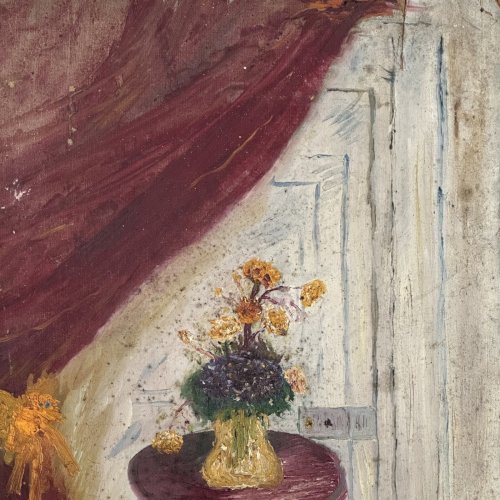 Huile sur carton nature morte au rideau et aux fleurs XXe L1030