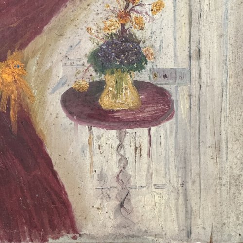 Huile sur carton nature morte au rideau et aux fleurs XXe L1030