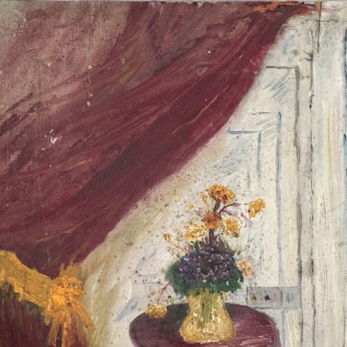 Huile sur carton nature morte au rideau et aux fleurs XXe L1030