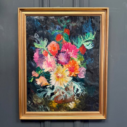 Huile sur carton nature morte bouquet de fleurs 1960 L9035
