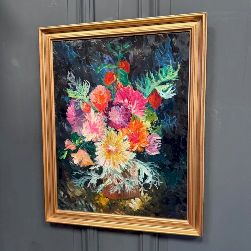 Huile sur carton nature morte bouquet de fleurs 1960 L9035