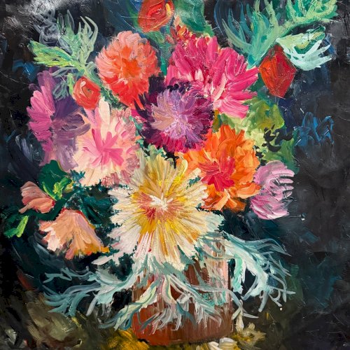 Huile sur carton nature morte bouquet de fleurs 1960 L9035