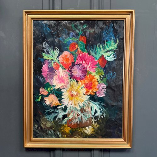 Huile sur carton nature morte bouquet de fleurs 1960 L9035