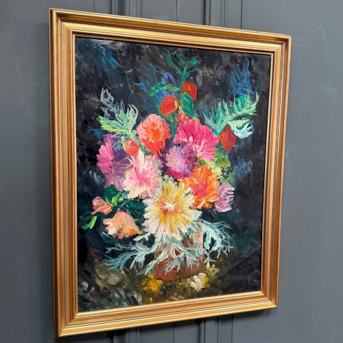 Huile sur carton nature morte bouquet de fleurs 1960 L9035