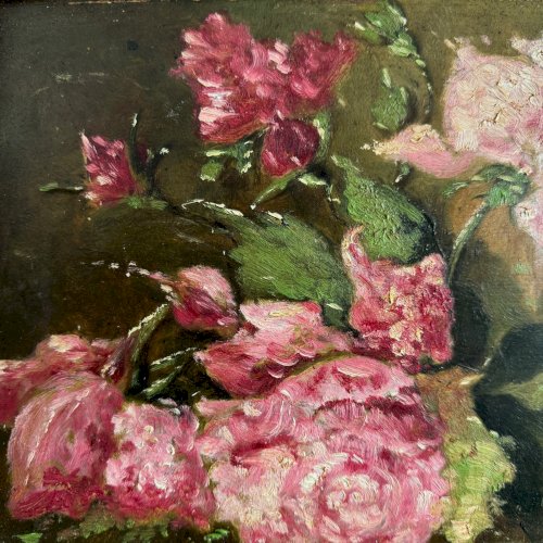Huile sur carton nature morte bouquet de roses fin XIXe A5639