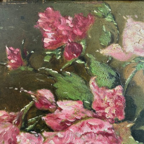Huile sur carton nature morte bouquet de roses fin XIXe A5639