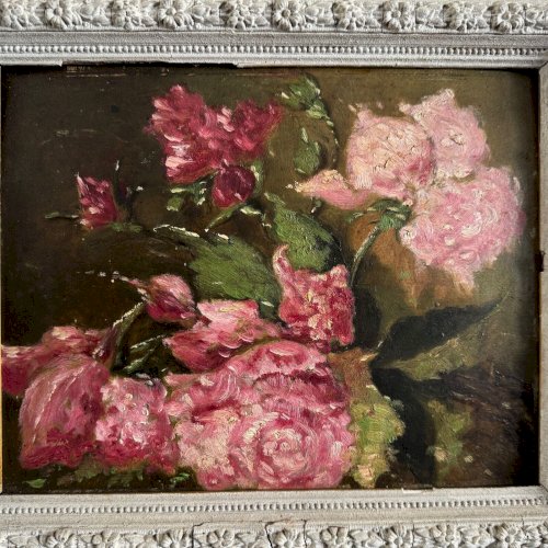 Huile sur carton nature morte bouquet de roses fin XIXe A5639