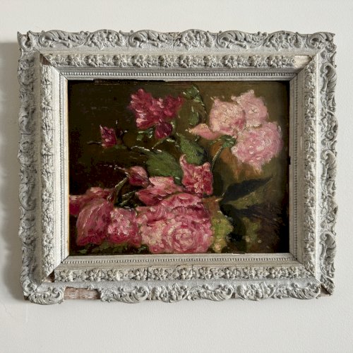 Huile sur carton nature morte bouquet de roses fin XIXe A5639