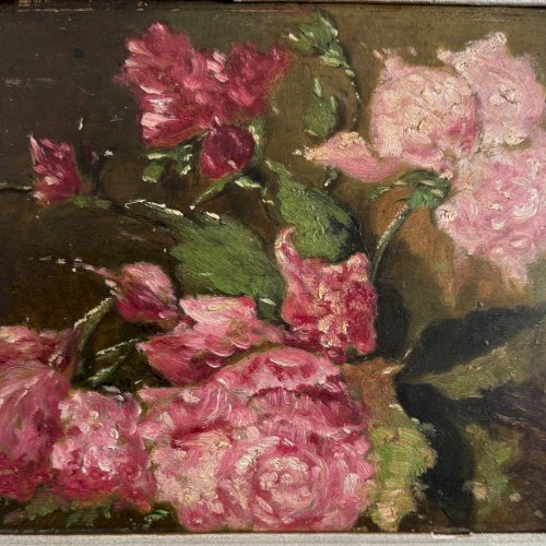Huile sur carton nature morte bouquet de roses fin XIXe A5639