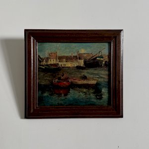 Huile sur carton représentant des barques de pêcheur dans un port XXe A5894