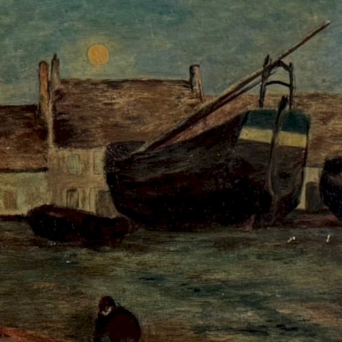 Huile sur carton représentant des barques de pêcheur dans un port XXe A5894