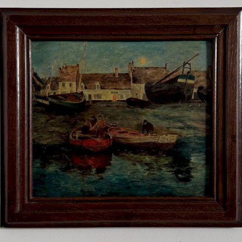 Huile sur carton représentant des barques de pêcheur dans un port XXe A5894