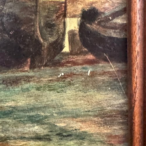 Huile sur carton représentant des barques de pêcheur dans un port XXe A5894