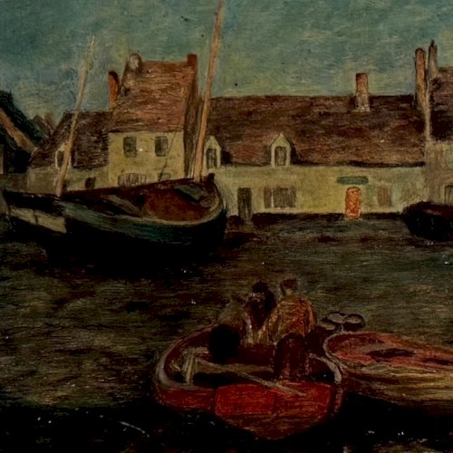 Huile sur carton représentant des barques de pêcheur dans un port XXe A5894