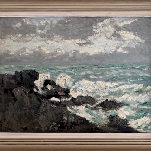 Huile sur carton représentant la houle par Cavver XXe cadre cérusé A5767