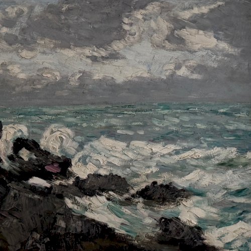 Huile sur carton représentant la houle par Cavver XXe cadre cérusé A5767