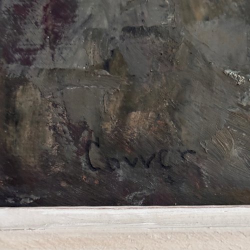 Huile sur carton représentant la houle par Cavver XXe cadre cérusé A5767