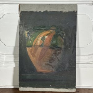 Huile sur carton représentant une jarre en terre vernissée XXe L1032