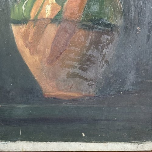 Huile sur carton représentant une jarre en terre vernissée XXe L1032