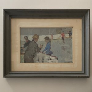 Oil on Isorel 1960 depicting ice skaters and judges A5869
