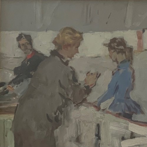 Huile sur Isorel 1960 représentant des patineuses à glace et des juges A5869