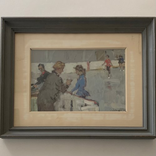Huile sur Isorel 1960 représentant des patineuses à glace et des juges A5869