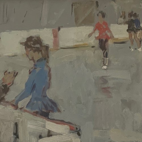 Huile sur Isorel 1960 représentant des patineuses à glace et des juges A5869