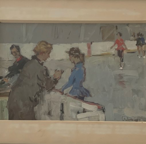 Huile sur Isorel 1960 représentant des patineuses à glace et des juges A5869