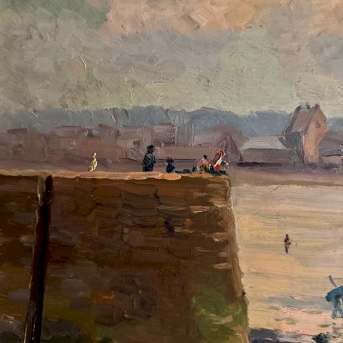 Huile sur Isorel bord de plage avec pêcheurs à pied 1958 par R.P. A5694