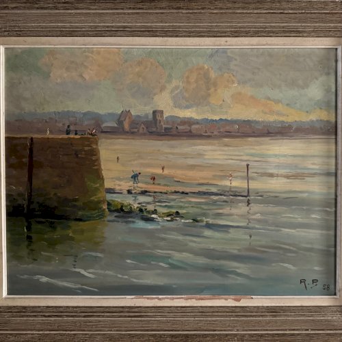 Huile sur Isorel bord de plage avec pêcheurs à pied 1958 par R.P. A5694