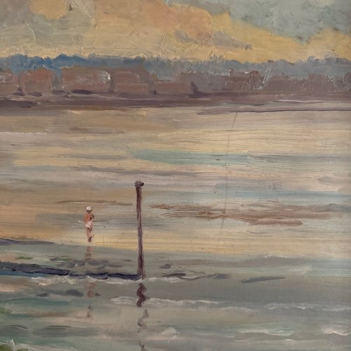 Huile sur Isorel bord de plage avec pêcheurs à pied 1958 par R.P. A5694