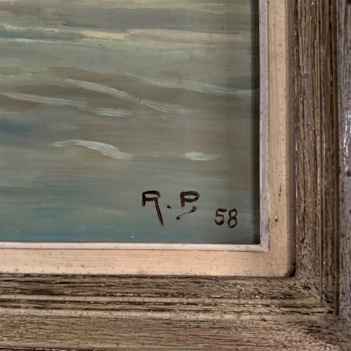 Huile sur Isorel bord de plage avec pêcheurs à pied 1958 par R.P. A5694