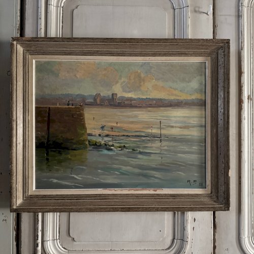 Huile sur Isorel bord de plage avec pêcheurs à pied 1958 par R.P. A5694