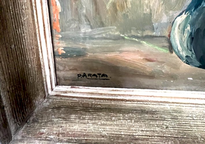 Huile sur isorel "Le bouquet de glaïeuls " signé  P . ARATA XX siècle