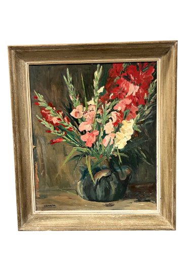 Huile sur isorel "Le bouquet de glaïeuls " signé  P . ARATA XX siècle