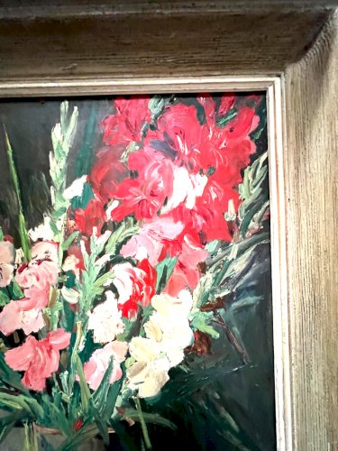 Huile sur isorel "Le bouquet de glaïeuls " signé  P . ARATA XX siècle