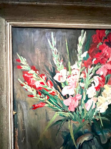 Huile sur isorel "Le bouquet de glaïeuls " signé  P . ARATA XX siècle