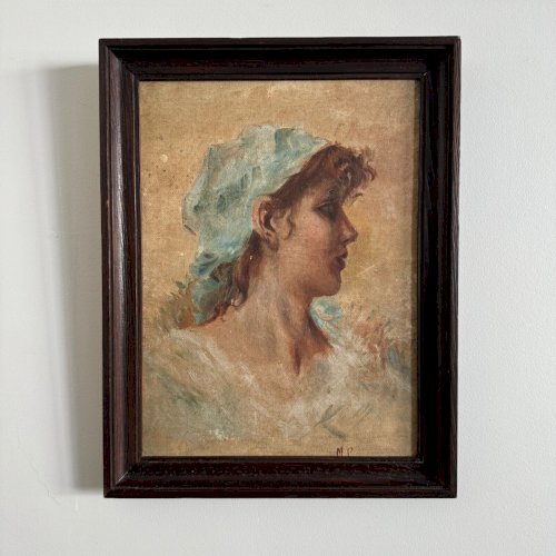 Huile sur Isorel portrait de jeune fille au foulard bleu monogramme MP A5640