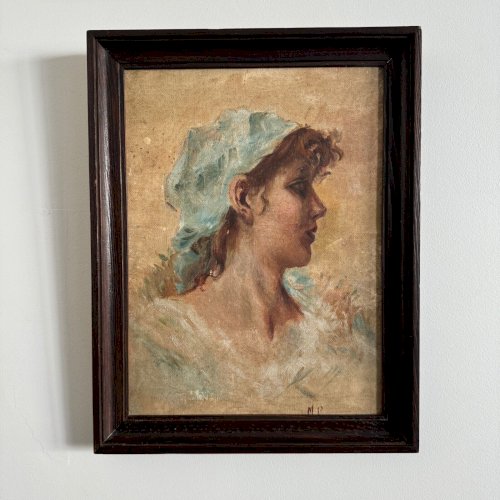 Huile sur Isorel portrait de jeune fille au foulard bleu monogramme MP A5640