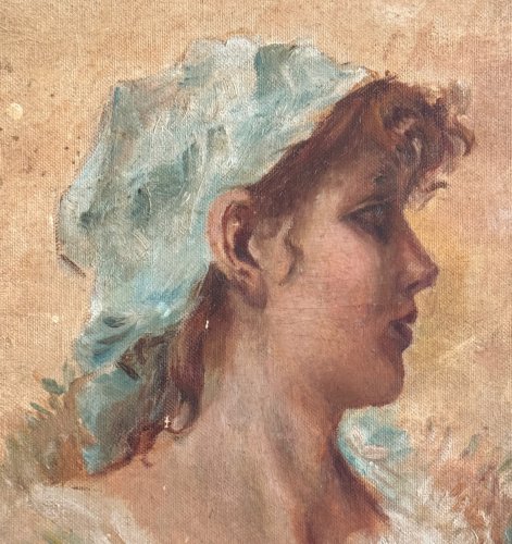 Huile sur Isorel portrait de jeune fille au foulard bleu monogramme MP A5640