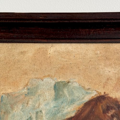 Huile sur Isorel portrait de jeune fille au foulard bleu monogramme MP A5640