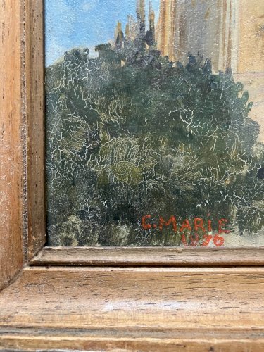 Huile sur panneau ancienne Eglise Notre Dame de Poissy 1976 signée C.Marie